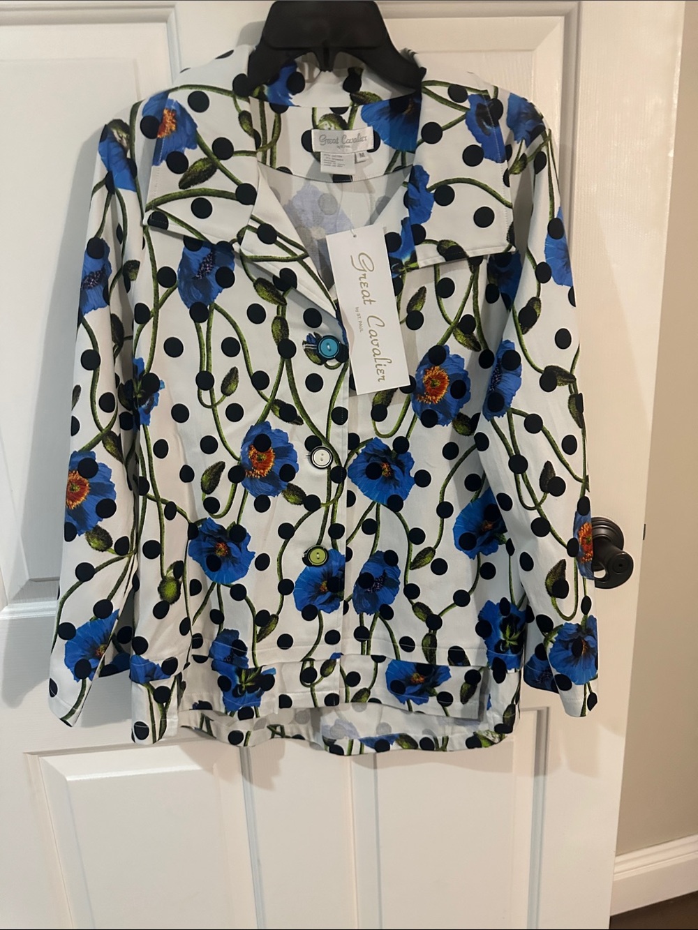Great Cavalier White Blazer with Blue Floral & Black Polka Dots